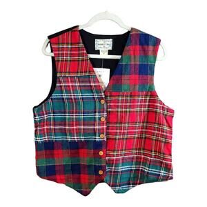 Vintage Rosettes Plaid Patchwork V-neck Vest Christmas Holiday Women's M NWT